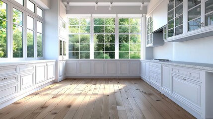 Interior of luxury kitchen with wooden floor, large windows and white countertops and cupboards