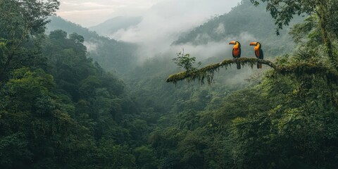 Aufkleber - Two colorful birds perched on a branch overlooking a misty, lush green forest with rolling hills in the background.