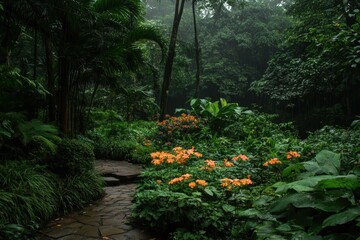 Poster - A serene garden scene featuring vibrant orange flowers amidst lush greenery, enveloped in a misty atmosphere.