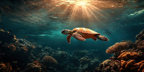 Aufkleber - A serene underwater scene featuring a turtle swimming gracefully amidst colorful coral, illuminated by sunlight filtering through the water.