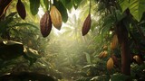 Lush cocoa plantation with ripe cocoa pods hanging from trees amidst vibrant green foliage and dappled sunlight filtering through the canopy.