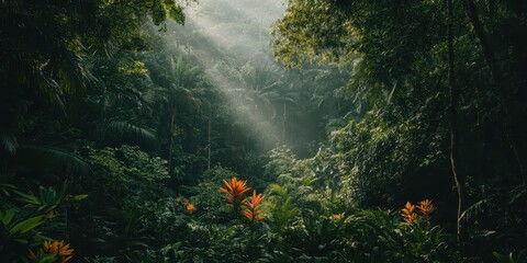 Poster - A serene jungle scene with shafts of light piercing through the dense foliage, highlighting vibrant flowers amidst the lush greenery.