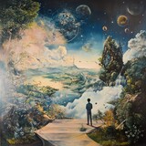 Surreal Dreamscape: A Man Gazes Upon a Fantasy Landscape with Floating Islands and Celestial Wonders