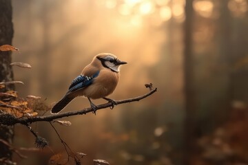 Poster - A serene scene featuring a blue jay perched on a branch amidst a softly lit forest background, surrounded by warm autumn hues.