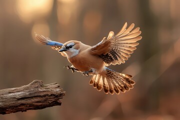 Poster - A vibrant bird in flight, showcasing its beautiful plumage and outstretched wings against a softly blurred background of nature.