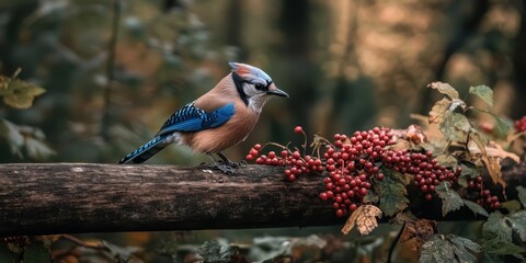 Poster - A colorful bird perched on a log adorned with vibrant red berries, set against a blurred forest background.