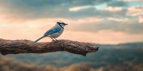 Poster - A vibrant blue jay perched on a branch, overlooking a serene landscape under a cloudy sky during twilight.