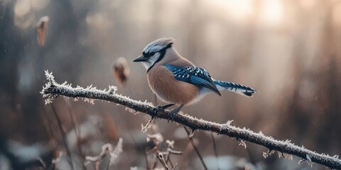 Poster - A vibrant blue jay perched on a frosty branch, surrounded by a soft, natural background, capturing a serene winter moment.