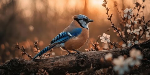Poster - A colorful bird perched on a branch surrounded by delicate blossoms, basking in the warm glow of the sunset.