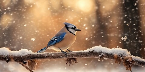 Poster - A vibrant blue jay perched on a snowy branch, surrounded by softly falling snowflakes in a serene, wintery forest setting.
