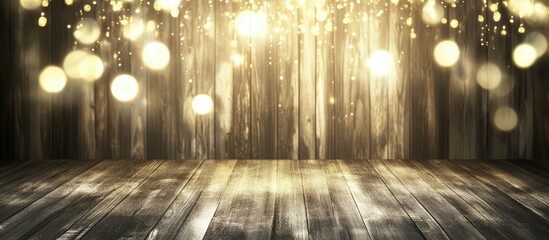 Aufkleber - Wooden backdrop with bokeh lights and shimmering sparkles creating an abstract vintage texture perfect for elegant design templates.