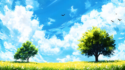 Aufkleber - A serene landscape featuring two trees under a bright blue sky with fluffy clouds and birds, set against a field of vibrant flowers