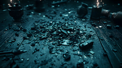 Fototapete - A dark, moody scene featuring scattered shards of glass on a wooden surface, illuminated by flickering candlelight