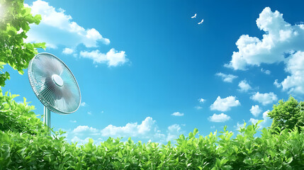 Aufkleber - A serene landscape featuring a fan amidst lush greenery under a bright blue sky dotted with fluffy clouds