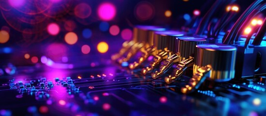 Wall Mural - Close up of audio and video cable connectors on a circuit board illuminated with colorful bokeh for technology and entertainment concepts.