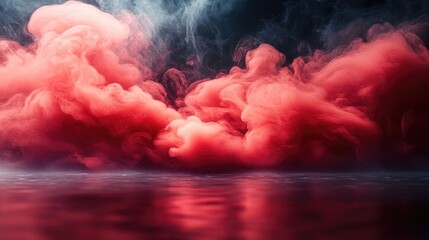Aufkleber - Abstract red paint dispersion in water creating a vibrant and dynamic background with soft swirling textures and reflections on the surface.