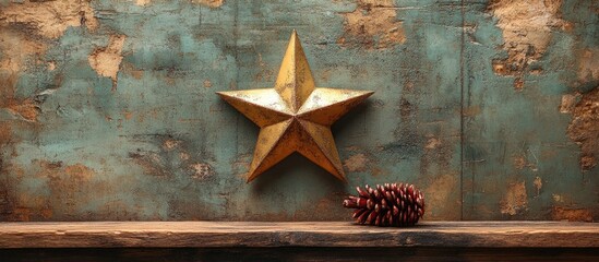 Wall Mural - Vintage Christmas star decoration with pine cone on aged wooden backdrop for festive holiday themes and rustic design inspiration.