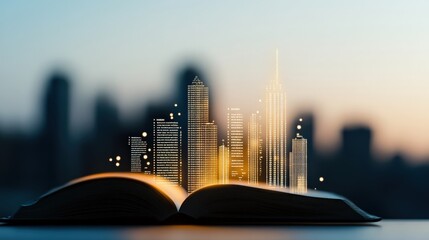 Poster - Beautifully Rendered Open Book with a Glowing City Skyline Emerging from the Pages, Symbolizing Imagination, Knowledge, and Urban Life in a Dreamlike Setting