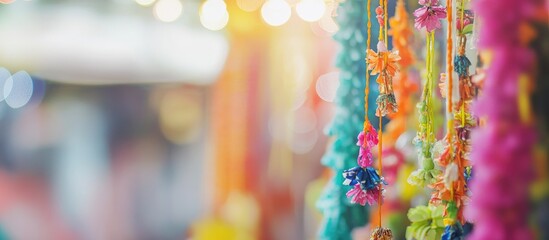 Aufkleber - Abstract blurred background featuring a vibrant multi-colored garland creating a festive atmosphere in a horizontal frame.