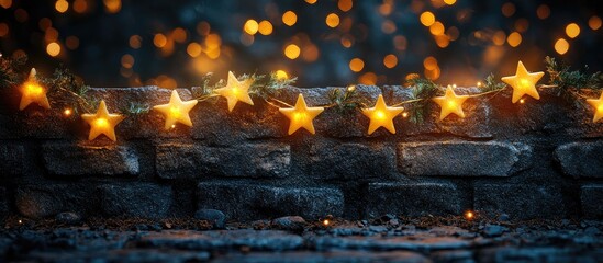 Aufkleber - Star garland illuminated on a black stone wall creating a warm festive atmosphere with space for your text and creative designs