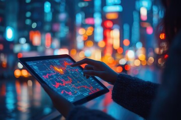 Poster - Businesswoman analyzing stock market data on digital tablet in city at night