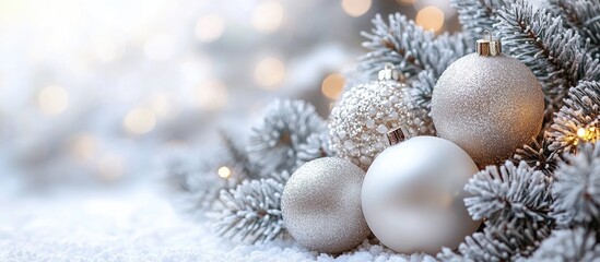 Sticker - Elegant white and silver Christmas ornaments on a snowy backdrop enhancing the festive spirit of a decorated tree.