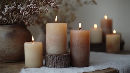 Poster - Elegant candle arrangement with warm flames on a rustic table complemented by a vase and soft floral accents in a serene setting.