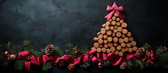 Wall Mural - Cork Christmas tree with pink and red ribbons and pine cones on dark background flat lay holiday design concept empty space for text