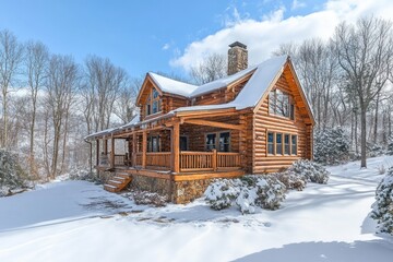 Wall Mural - Log cabin covered in snow during a sunny winter day