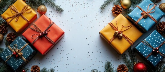 Wall Mural - Colorful holiday gift boxes arranged on a white background with festive decorations and space for seasonal greeting messages