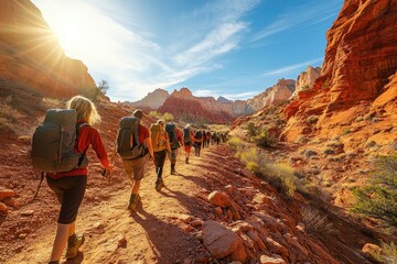 Wall Mural - Hikers walking in line on a trail in a canyon at sunset