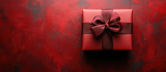 Wall Mural - Elegant red gift box with a satin ribbon on a matching red textured background perfect for holiday or celebratory themes