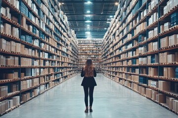 Poster - Manager contemplating cardboard boxes in large distribution warehouse