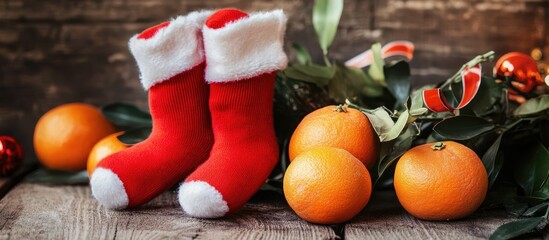 Wall Mural - Christmas stockings and fresh mandarins displayed on rustic wooden background for festive seasonal decoration and holiday celebration theme