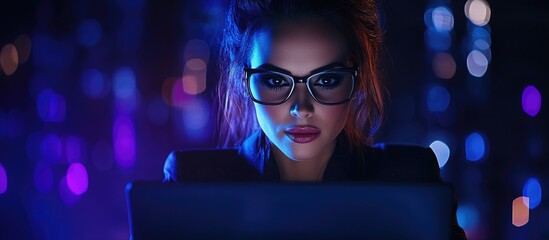 Poster - Focused businesswoman analyzing data on a laptop in a modern workspace with vibrant lighting emphasizing finance and technology concepts.