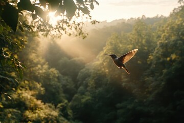 Poster - A hummingbird gracefully hovers in a sunlit forest, surrounded by lush greenery, capturing a moment of nature's beauty.