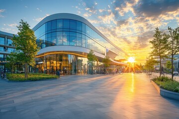 Aufkleber - Modern glass office building exterior reflecting golden sunset light