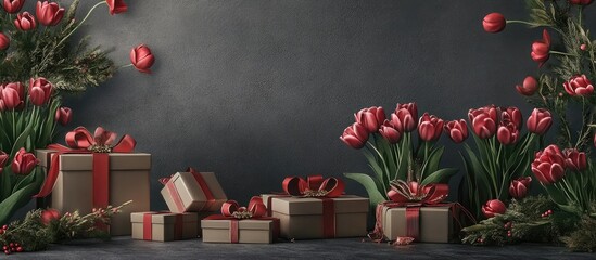 Wall Mural - Gift boxes adorned with ribbons and blooming tulips arranged beautifully on a gray backdrop for a festive atmosphere.