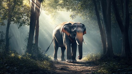 Poster - A majestic elephant walks through a sunlit forest, surrounded by trees and shafts of light, embodying the beauty of nature.