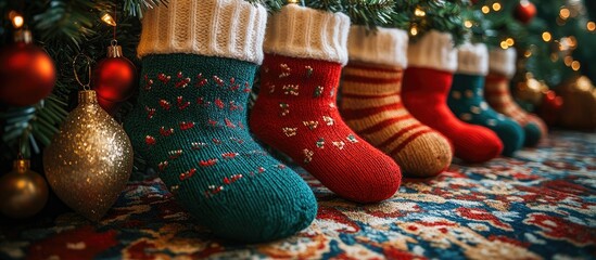 Wall Mural - Colorful Christmas stockings arranged beautifully under a decorated tree with festive ornaments creating a warm holiday atmosphere.