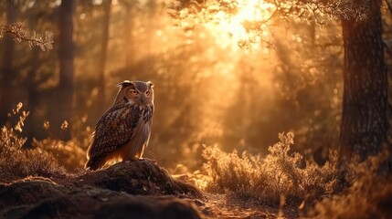 Poster - A majestic owl perched in a forest, basking in warm sunlight that filters through the trees, creating a magical, tranquil atmosphere.