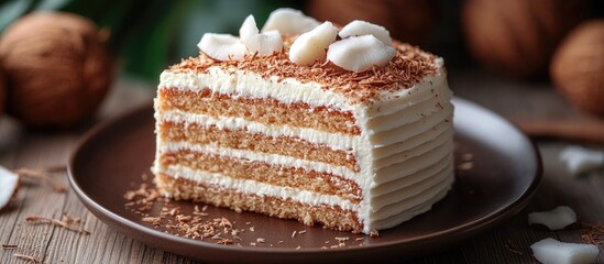 Canvas Print - Delightful Coconut Cake Slice Served on Rustic Plate Surrounded by Nuts and Coconut Flakes