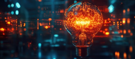 Poster - Abstract double exposure of a creative light bulb and human brain in a modern office symbolizing idea generation and brainstorming innovation.
