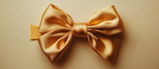 Canvas Print - Elegant golden bow with smooth satin texture displayed on a soft white background perfect for holiday or gift wrapping themes.