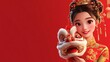 © tapong117 - Beautiful young woman in traditional Chinese attire holding a lion dance mask, celebrating Lunar New Year, 3d character cartoon style