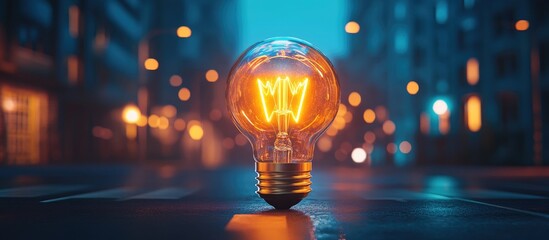 Poster - Light bulb glowing on urban street with bokeh background illustrating creativity and innovative ideas in a modern office setting