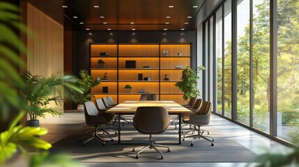 Poster - Modern office meeting room interior with large window overlooking green scenery