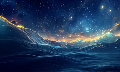 a stunning digital artwork depicting a cosmic ocean scene, with vibrant waves under a starry sky, bl