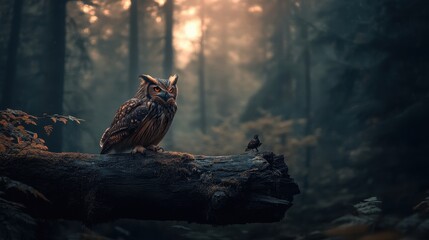 Poster - A majestic owl perched on a log amidst a misty forest, with soft sunlight filtering through the trees, creating a mystical atmosphere.