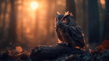 Poster - A majestic owl perched on a log, illuminated by warm sunlight filtering through a serene forest backdrop.